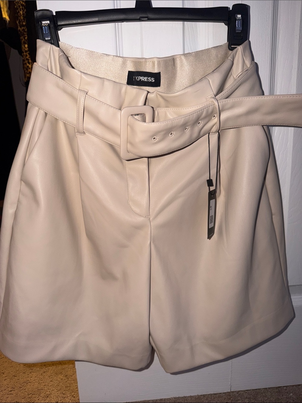 Express Cream Faux Leather Belted Shorts